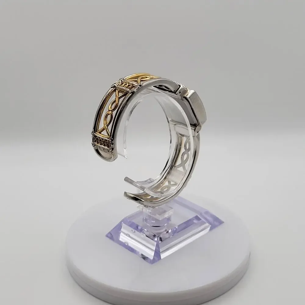 Vivani Women's Bangle Watch Two Tone Silver Gold Celtic Filigree Square Dial